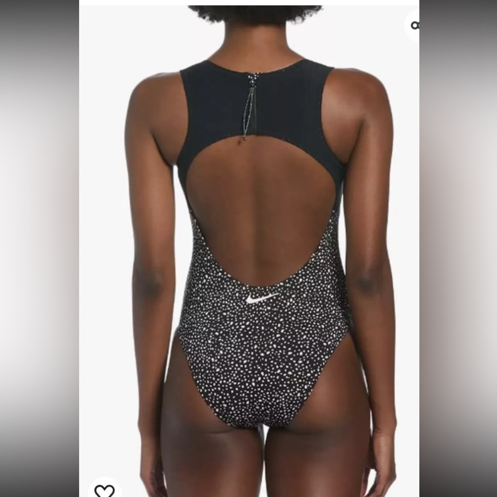 Women's Nike Water Dots Open Back One-Piece Black Sporty Swimsuit Retail $92
